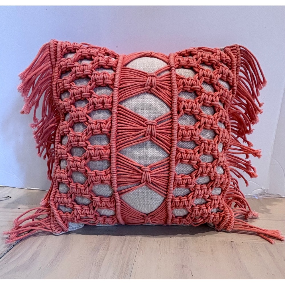 Boho Macrame Coral Orange Square Throw Pillow Fringe Trim 12x12 Accent Decor